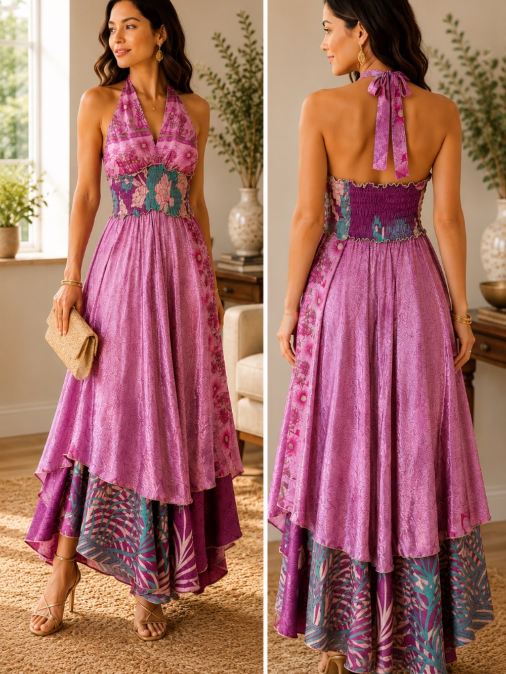 100% Silk Made in India Layered Halter Maxi Dress Pink Boho Smocked Resort